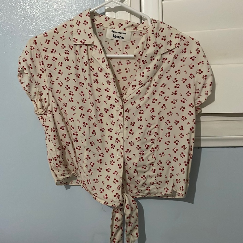 cherry pattern reformation summer top. crop